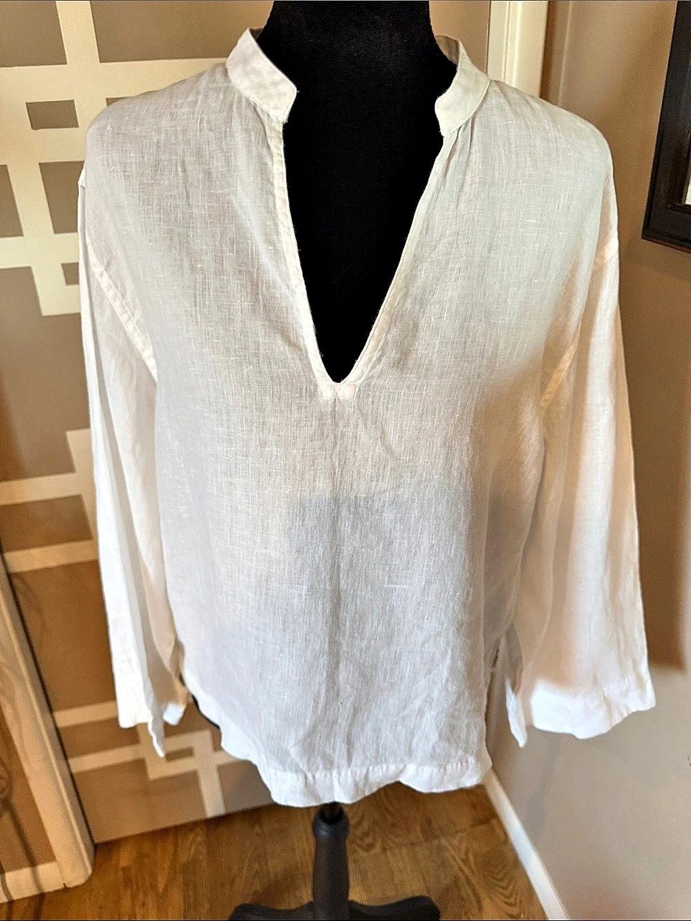 Polo Ralph Lauren White 100% Linen Split Neck Tunic Blouse Sz L LIKE NEW